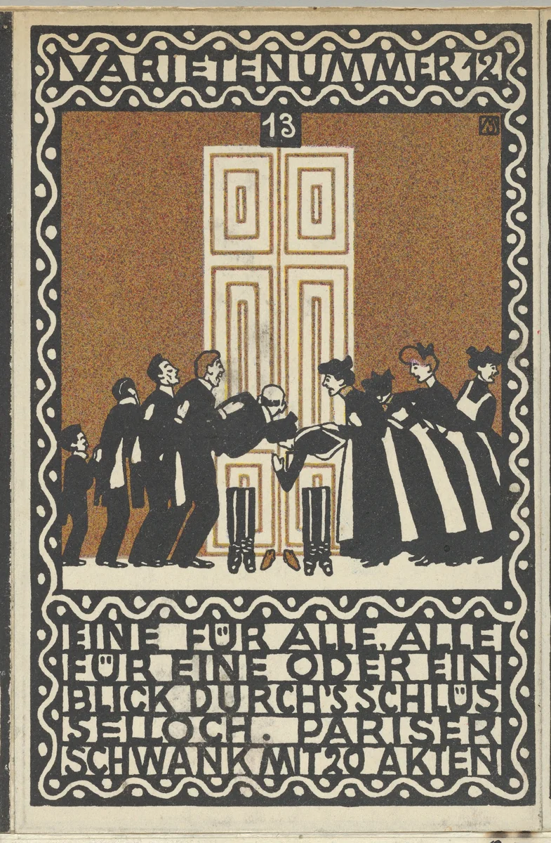 Variety Act 12: One for All, All for One or a Glimpse through the Keyhole (Varietenummer 12: Eine für Alle, Alle für eine oder ein Blick Durch's Schlüsselloch. Pariser Schwank mit 20 Akten by Moriz Jung, print, 1907