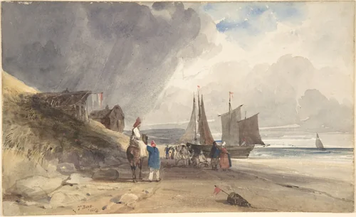 Figures on a beach in northern France by Thomas Shotter Boys, drawing, 1830