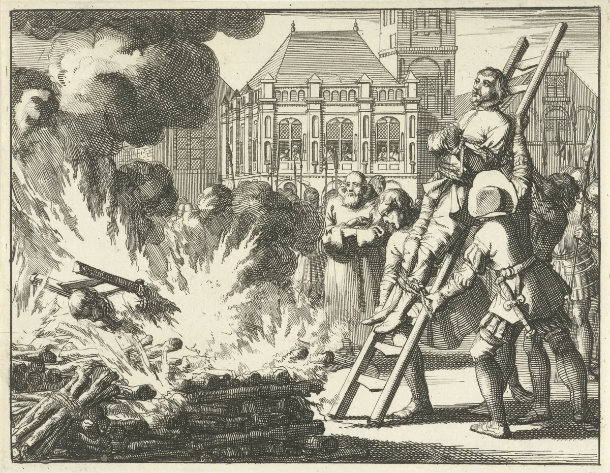 Jacob de Geldersman en Dirk Pietersz. Smuel op de Dam op de brandstapel, 1546 by Jan Luyken, print, 1693