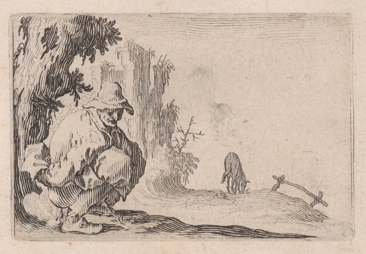 La Paysan Accroupi (The Peasant Squatting), from "Les Caprices" Series B, The Nancy Set by Jacques Callot, print, 1617-1620