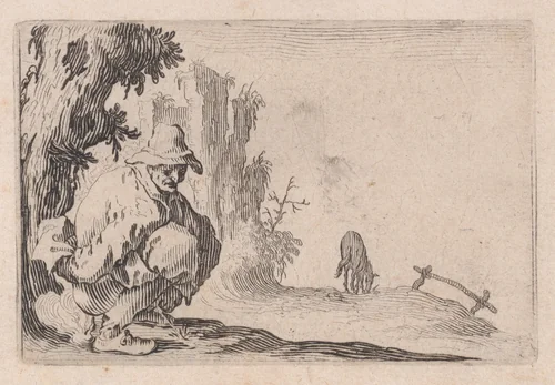 La Paysan Accroupi (The Peasant Squatting), from "Les Caprices" Series B, The Nancy Set by Jacques Callot, print, 1617-1620