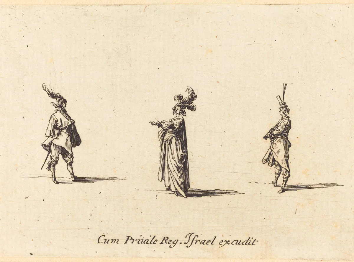 Lady with Plumed Hat, and Two Gentlemen by Jacques Callot, print, 1628-1638