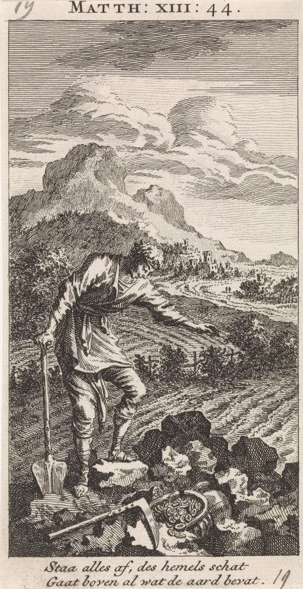 Gelijkenis van de schat in de akker by Jan Luyken, print, 1712