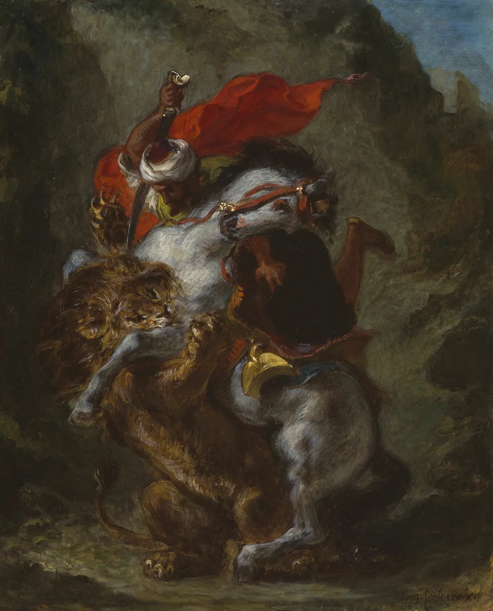 Arab Horseman Attacked by a Lion by Eugène Delacroix, painting, 1849-1850