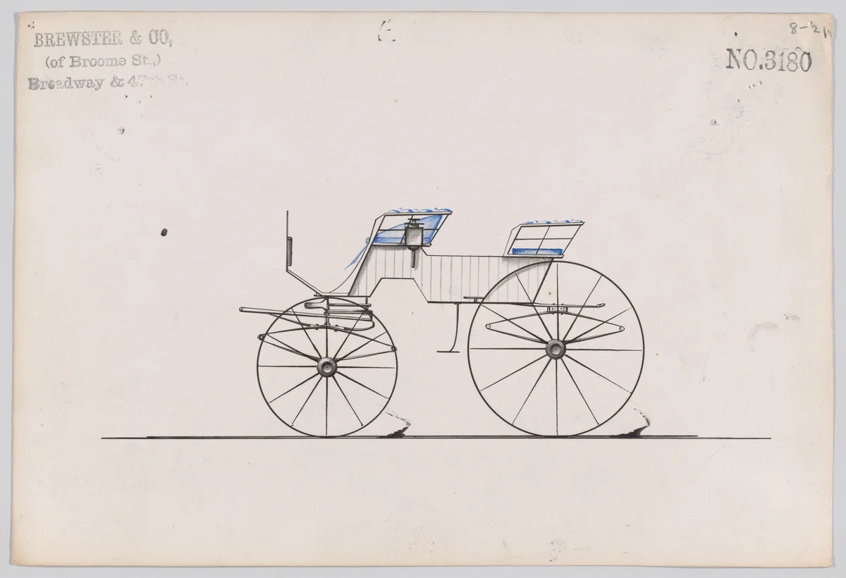 Design for 4 seat Phaeton, no top, no. 3180 by Brewster & Co., drawing, 1876