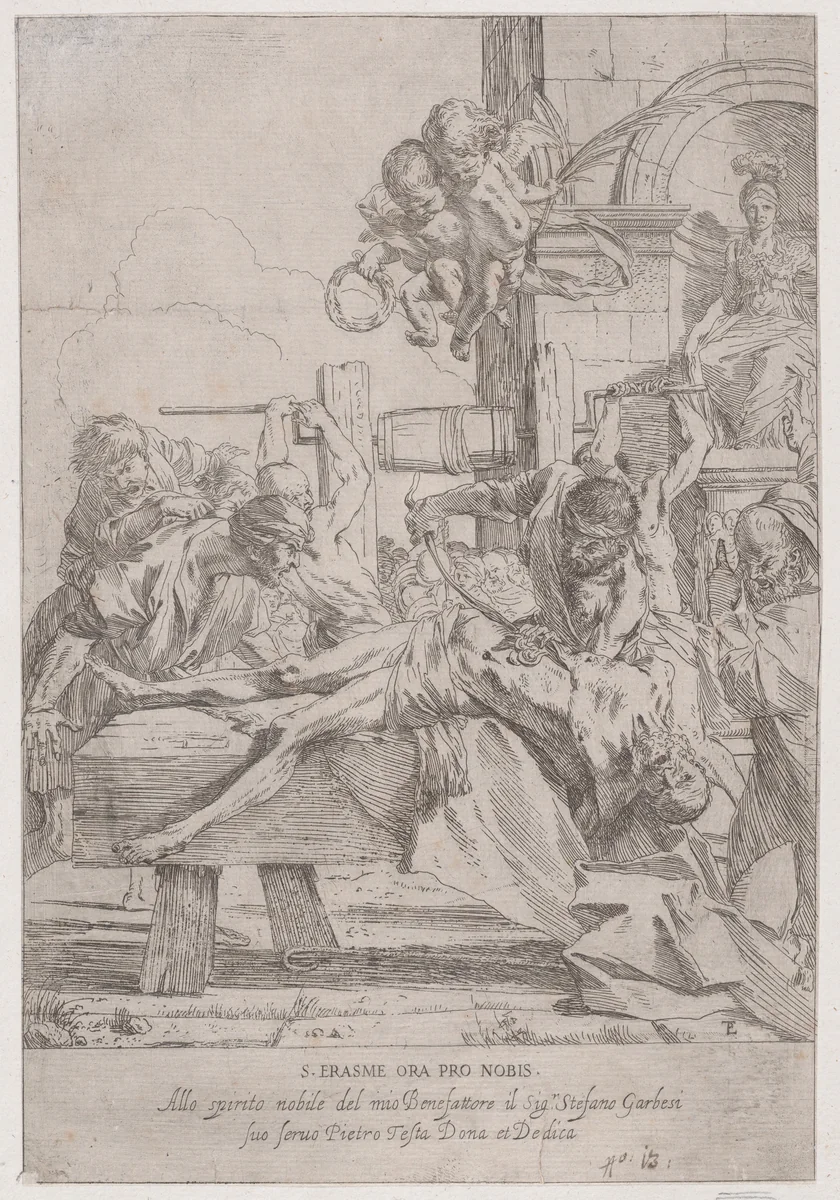 The martyrdom of Saint Erasmus who is prostrate having in innards removed, two putti above holding the crown and palm of martyrdom by Pietro Testa, print, 1600-1650