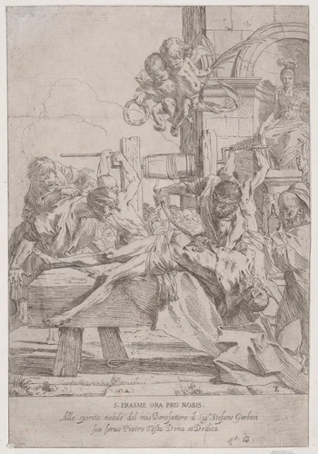 The martyrdom of Saint Erasmus who is prostrate having in innards removed, two putti above holding the crown and palm of martyrdom by Pietro Testa, print, 1600-1650
