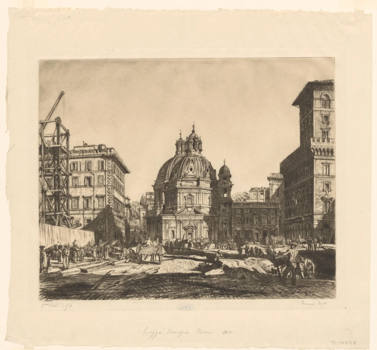 Gezicht op de Santa Maria di Loreto vanaf de Piazza Venezia by Francis Dodd, print, 1911-1936