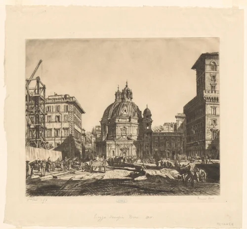 Gezicht op de Santa Maria di Loreto vanaf de Piazza Venezia by Francis Dodd, print, 1911-1936