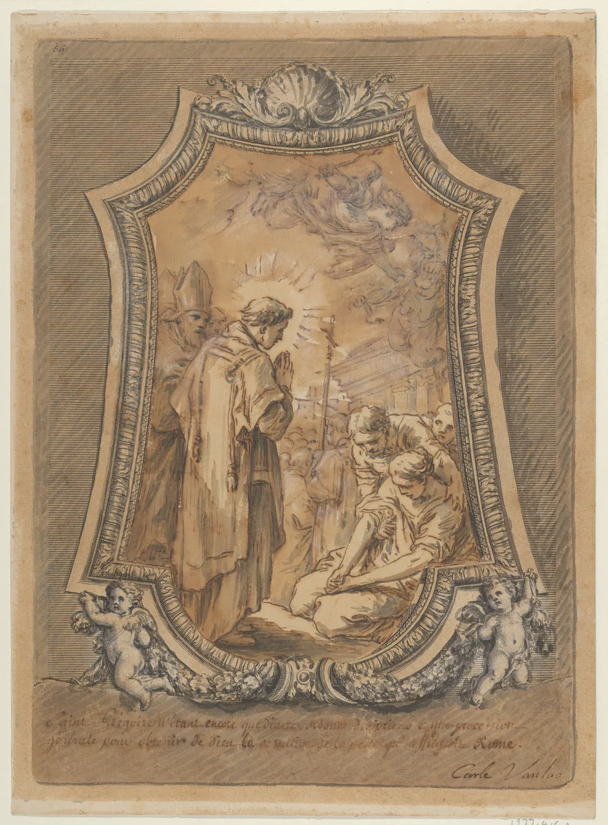 Saint Gregory as Deacon Directing Prayers and Processions for the Cessation of the Plague by Carle Vanloo, drawing, 1762