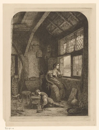 Vrouw met twee slapende kinderen wachtend bij een open raam by Willem Linnig, print, 1856
