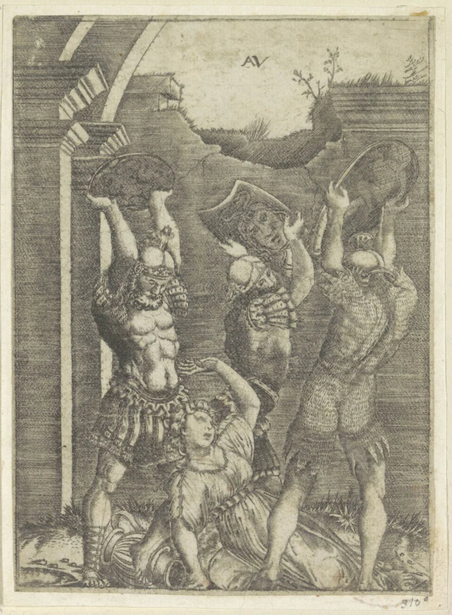 Tarpeia gedood door Sabijnse soldaten by Unknown, print, 1500-1536