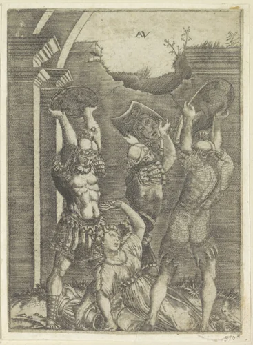 Tarpeia gedood door Sabijnse soldaten by Unknown, print, 1500-1536