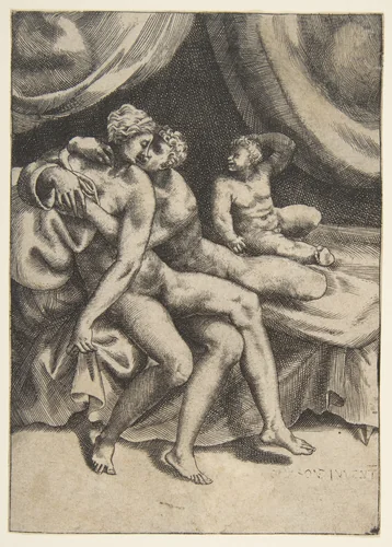 Two lovers on a bed, from "The Loves of the Gods" by Giulio Bonasone, print, 1526-1536