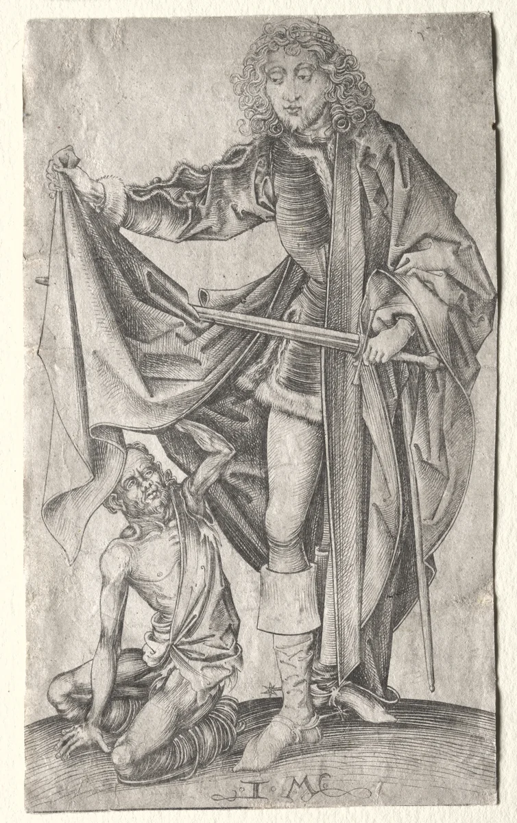 St. Martin Dividing His Cloak for a Beggar by Israhel van Meckenem, print, 1480-1495