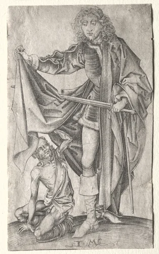 St. Martin Dividing His Cloak for a Beggar by Israhel van Meckenem, print, 1480-1495