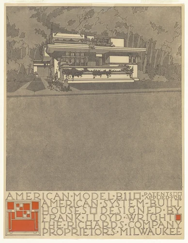 American System-Built Houses for The Richards Company project (Exterior perspective of model B11) by Frank Lloyd Wright, architecture, 1915