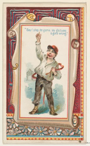 "Say! stop the game. Me galluses is gone wrong," from the Terrors of America set (N136) issued by Duke Sons & Co. to promote Honest Long Cut Tobacco by W. Duke, Sons & Co., print, 1888-1889