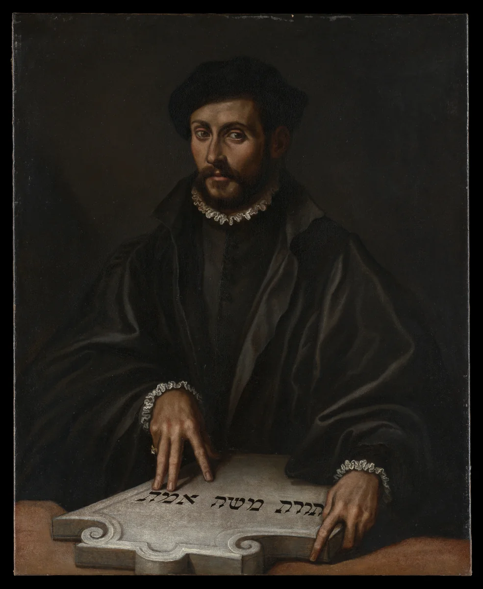 Portrait of a Man with a Hebrew Tablet by Antonio Campi, painting, 1570-1580