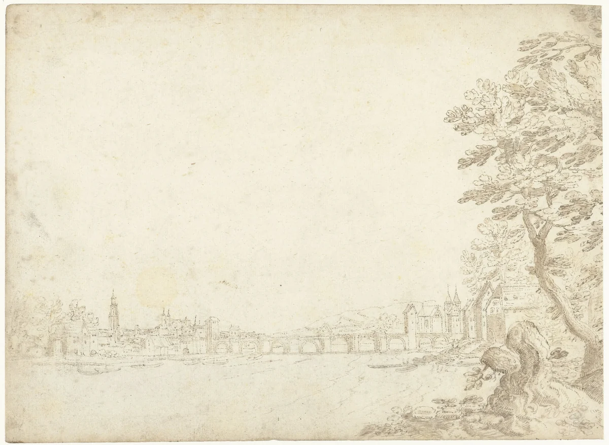 Gezicht op een stad aan een rivier (de Donau?) by Frederik van Valckenborch, drawing, 1598-1599
