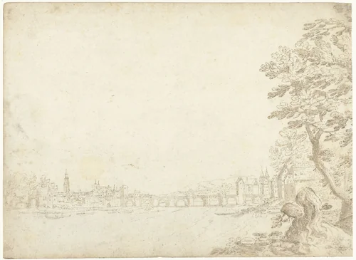 Gezicht op een stad aan een rivier (de Donau?) by Frederik van Valckenborch, drawing, 1598-1599