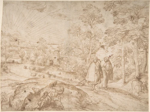 Landscape with Two Pilgrims Walking Along a Road by Pieter Baltens, drawing, 1525-1598