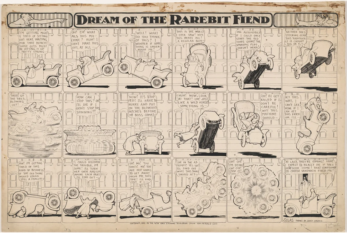 Dream of the Rarebit Fiend: Bucking Automobile by Winsor McCay, drawing, 1907