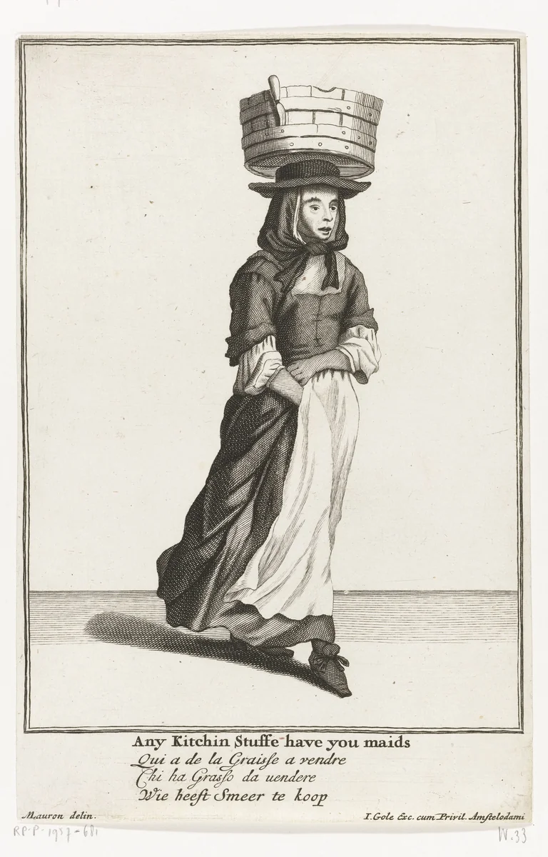 In- en verkoopster van vet by Jacob Gole, print, 1688-1724