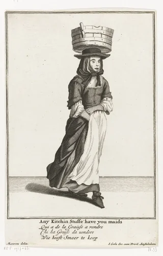 In- en verkoopster van vet by Jacob Gole, print, 1688-1724