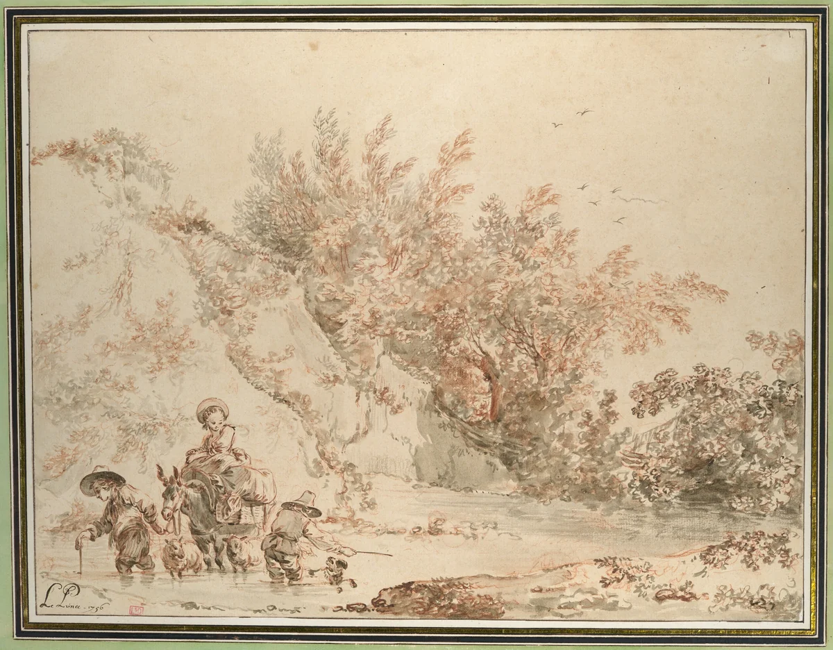 Landscape with Peasants Fording a Stream by Jean Baptiste Le Prince, drawing, 1756