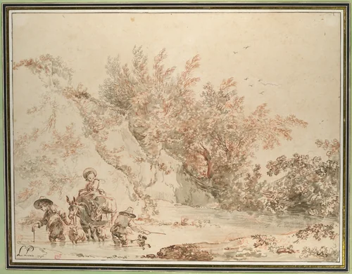Landscape with Peasants Fording a Stream by Jean Baptiste Le Prince, drawing, 1756