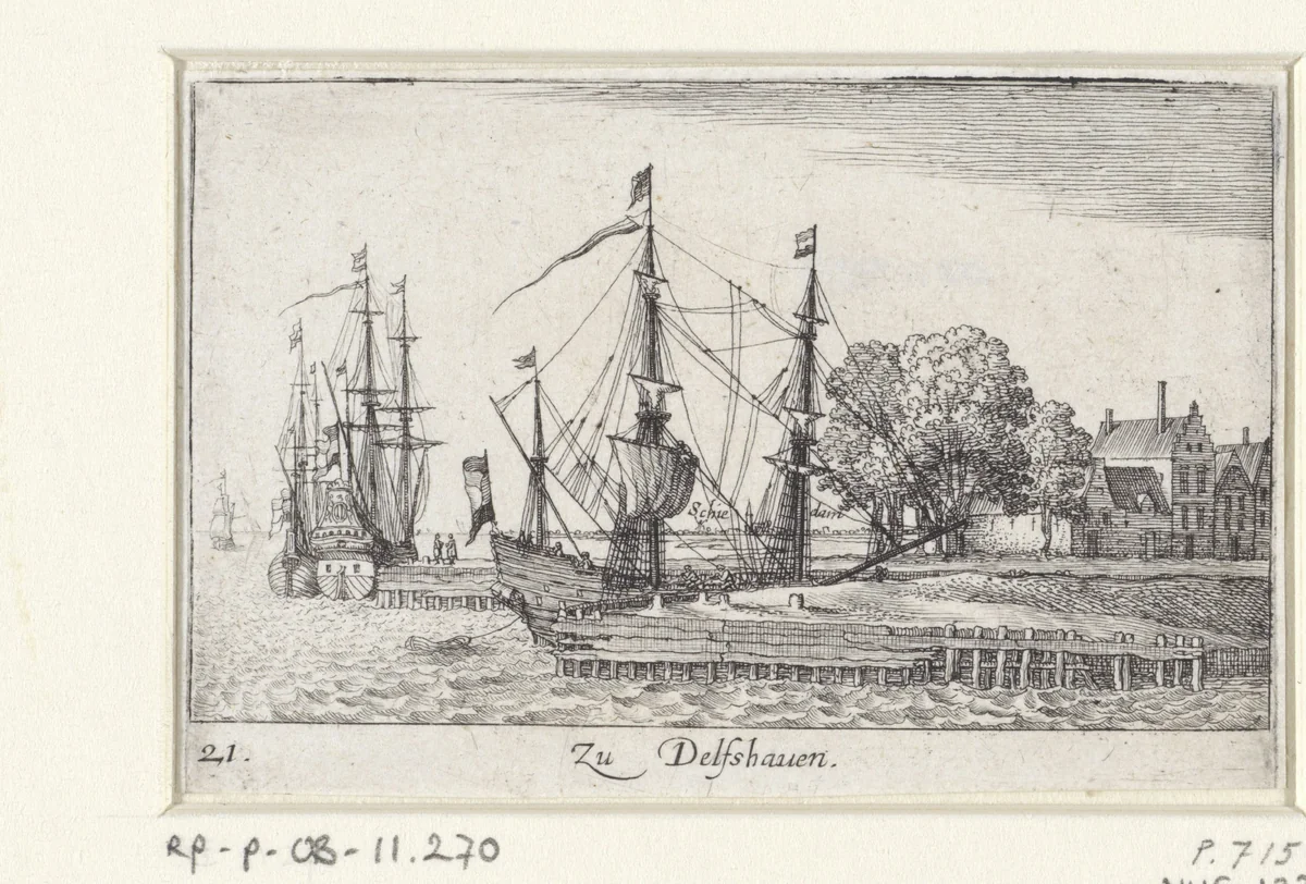 Gezicht op kade van Delfshaven met schepen by Wenceslaus Hollar, print, 1635