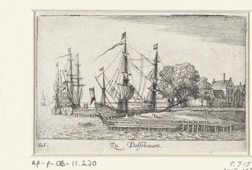 Gezicht op kade van Delfshaven met schepen by Wenceslaus Hollar, print, 1635