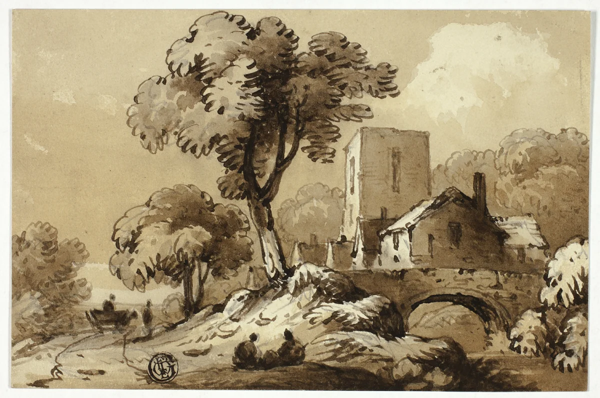 Wagon Passing Group of Houses Beside Stream by John Varley, drawing, 1815-1836