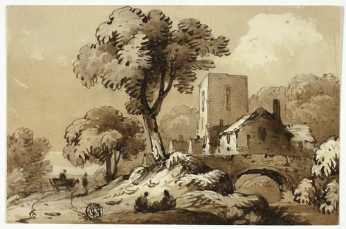 Wagon Passing Group of Houses Beside Stream by John Varley, drawing, 1815-1836