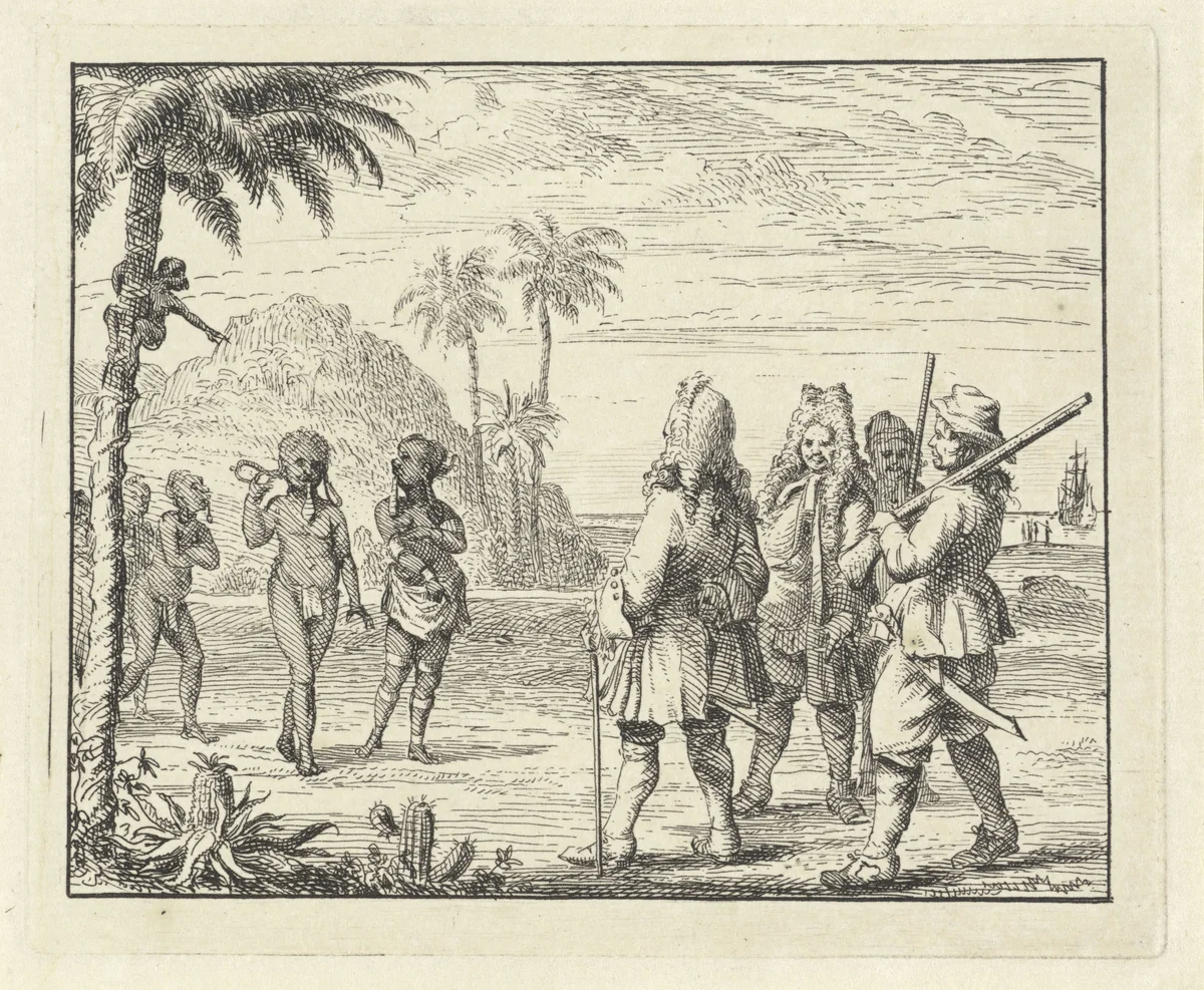 Ontmoeting tussen Afrikanen en Europeanen by Vincent Laurensz. van der Vinne, print, 1714