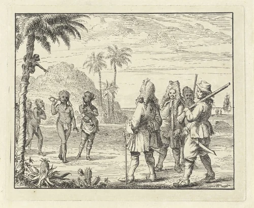 Ontmoeting tussen Afrikanen en Europeanen by Vincent Laurensz. van der Vinne, print, 1714