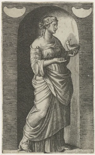 Jonge vrouw met voorwerp dat lijkt op vogel by Marcantonio Raimondi, print, 1511-1520