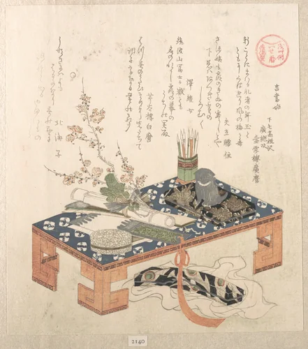 “Desk with Writing Set and Plum Flowers,” from the series Ise Calendars for the Asakusa Group (Asakusa-gawa Ise goyomi) From the Spring Rain Collection (Harusame shū), vol. 2 by Kubo Shunman (窪俊満), print, 1814