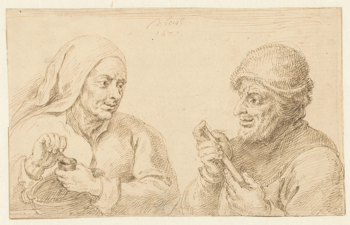 Man en vrouw, ten halven lijve by Matthys van den Bergh, drawing, 1677