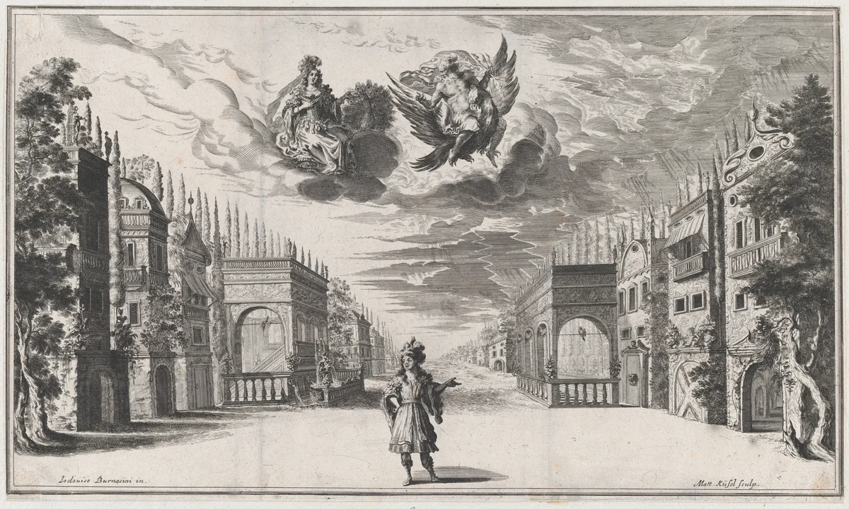 A man stands at center, flanked by rows of buildings; above Jupiter atop an eagle and Juno accompanied by a peacock, converse among the clouds; set design from 'Il Pomo D'Oro' by Mathäus Küsel, print, 1668