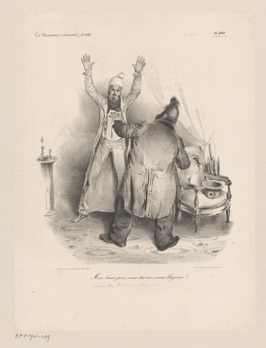 Gesprek in salon tussen twee mannen by Charles-Joseph Traviès, print, 1834