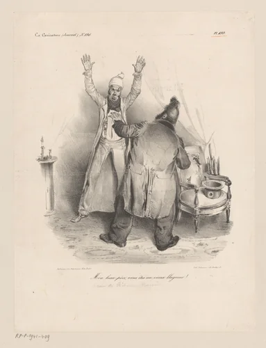 Gesprek in salon tussen twee mannen by Charles-Joseph Traviès, print, 1834