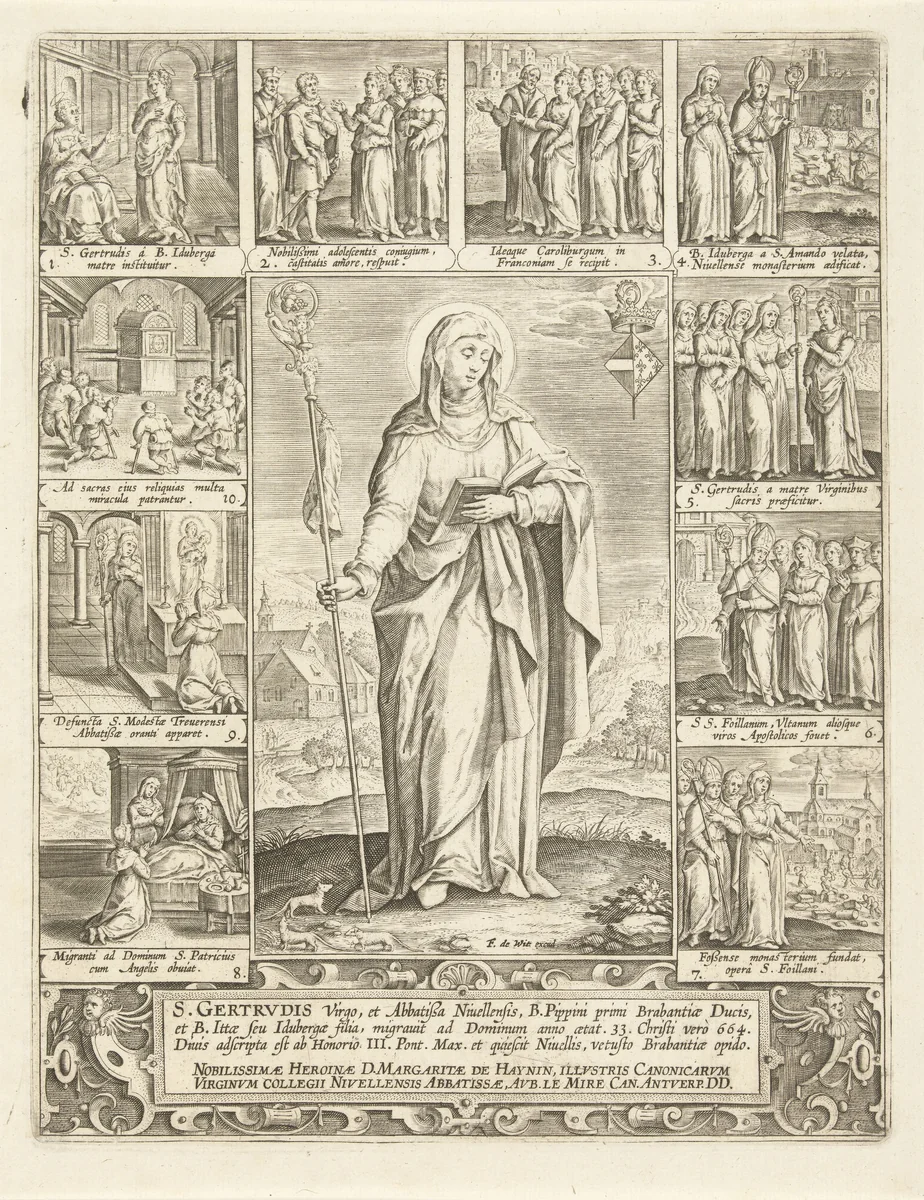 Heilige Geertrui by Adriaen Collaert, print, 1639-1706