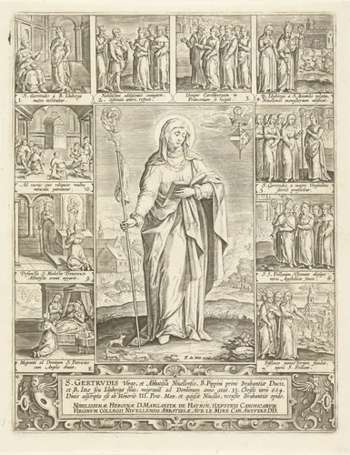 Heilige Geertrui by Adriaen Collaert, print, 1639-1706
