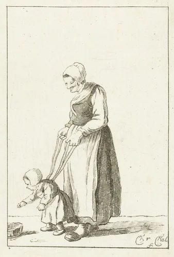 Moeder leert kind lopen by Pieter de Mare, print, 1779-1796