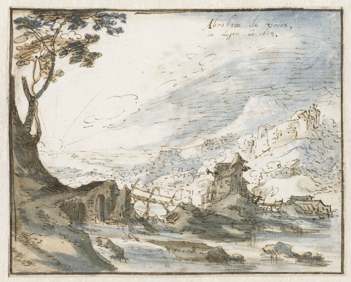 Bergachtig landschap met een houten brug by Abraham de Vries, drawing, 1613