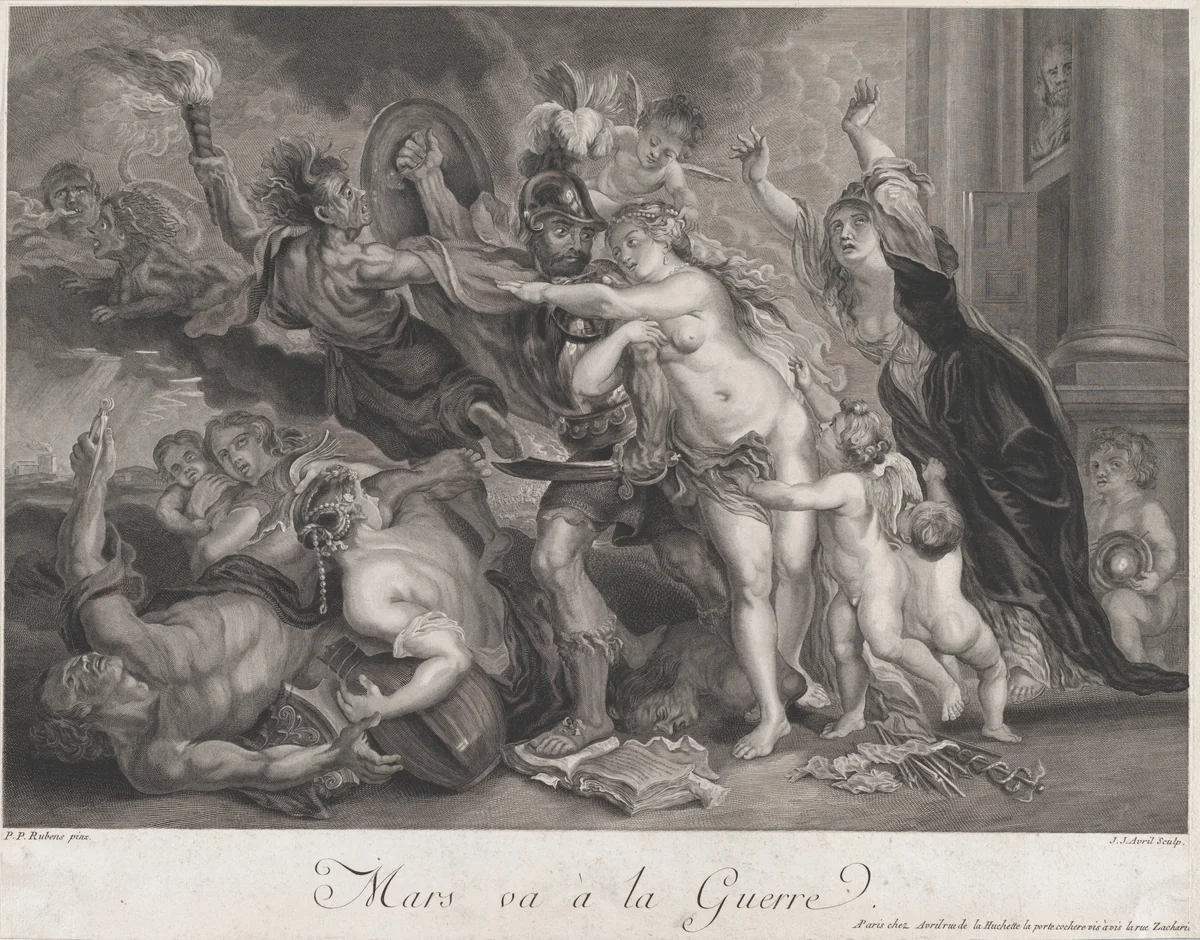 The Consequences of War: Mars leaving for war by Jean Jacques Avril, print, 1778