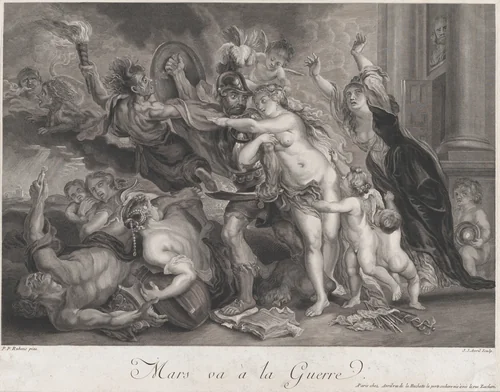 The Consequences of War: Mars leaving for war by Jean Jacques Avril, print, 1778