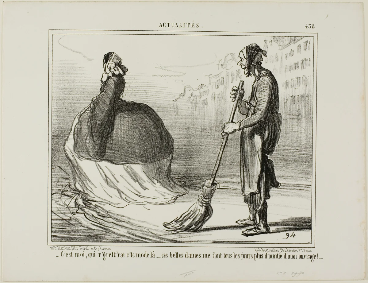 “- I'd regret if this mode gets to be out of fashion one day... these ladies are doing half of my job!,” plate 438 from Actualités by Honoré-Victorin Daumier, print, 1857